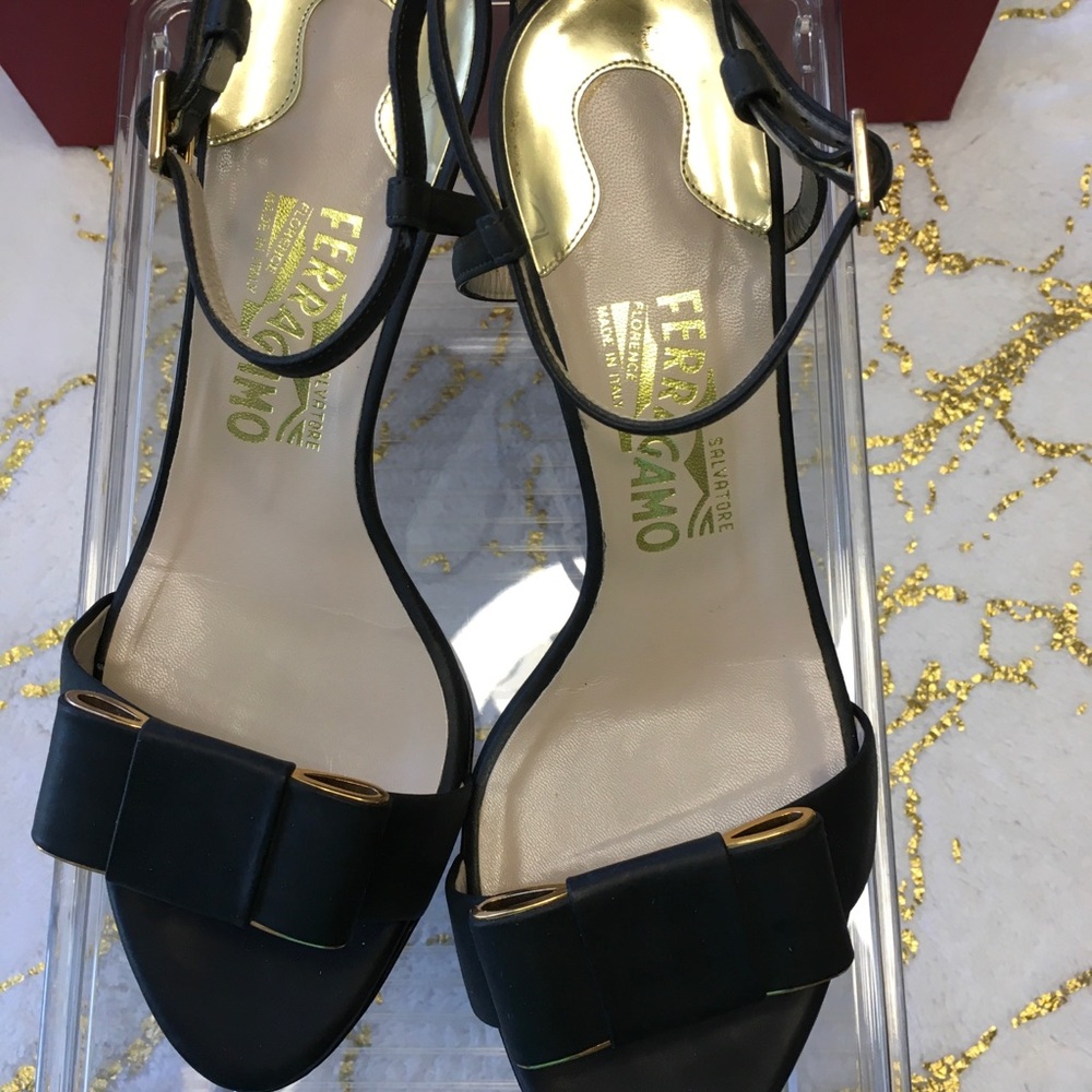 Salvatore Ferragamo Black Sandals with Gold Accents